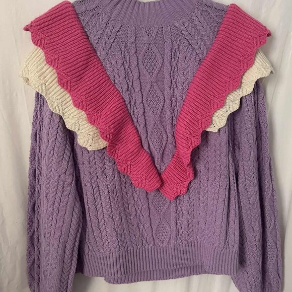 Strut & Bolt cable knit sweater, crew neck, ruffle detailing, V-front size L - Picture 4 of 14